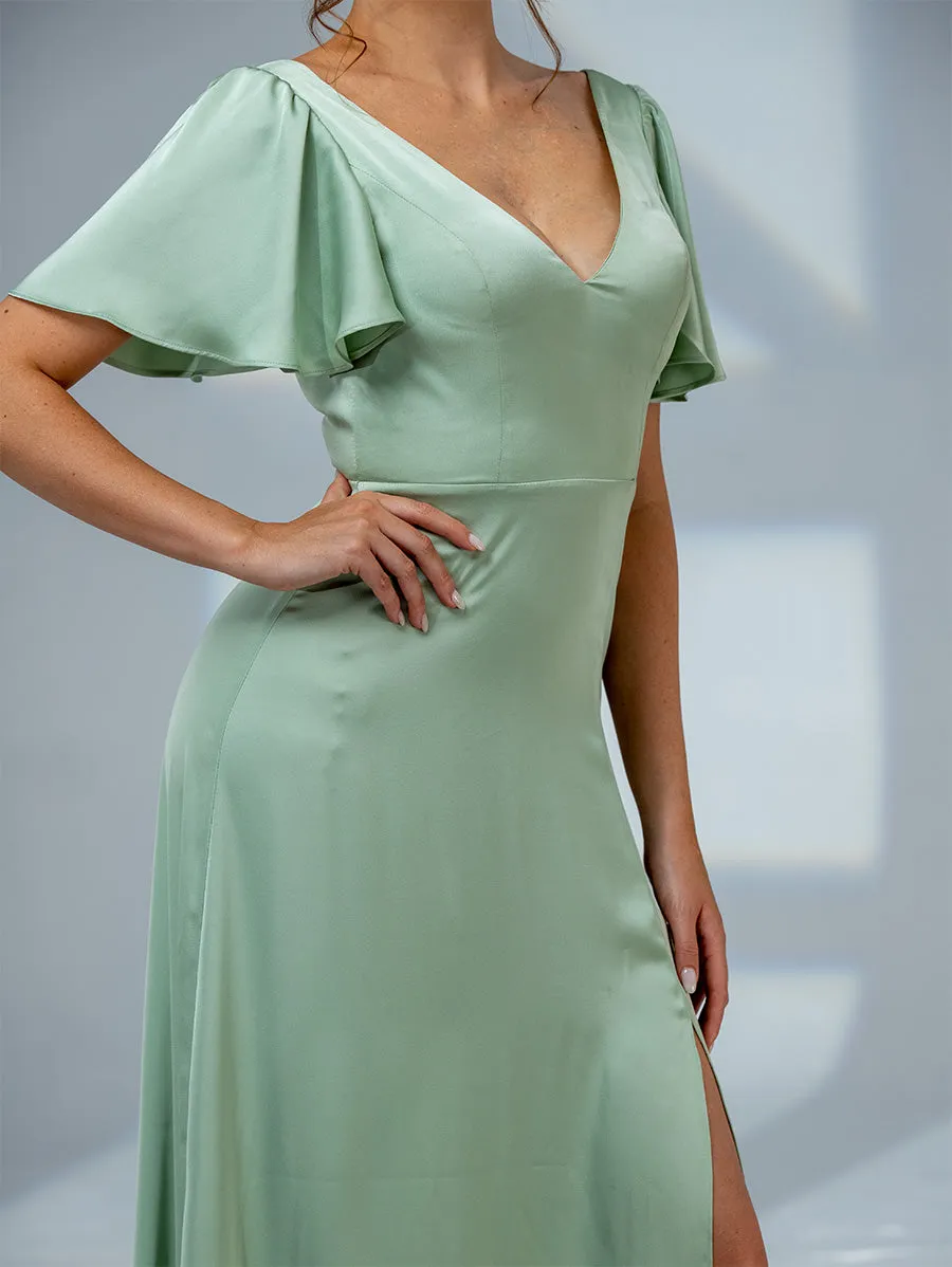 2025 Agave Green Bridesmaid Dresses V-neck Flutter Sleeve