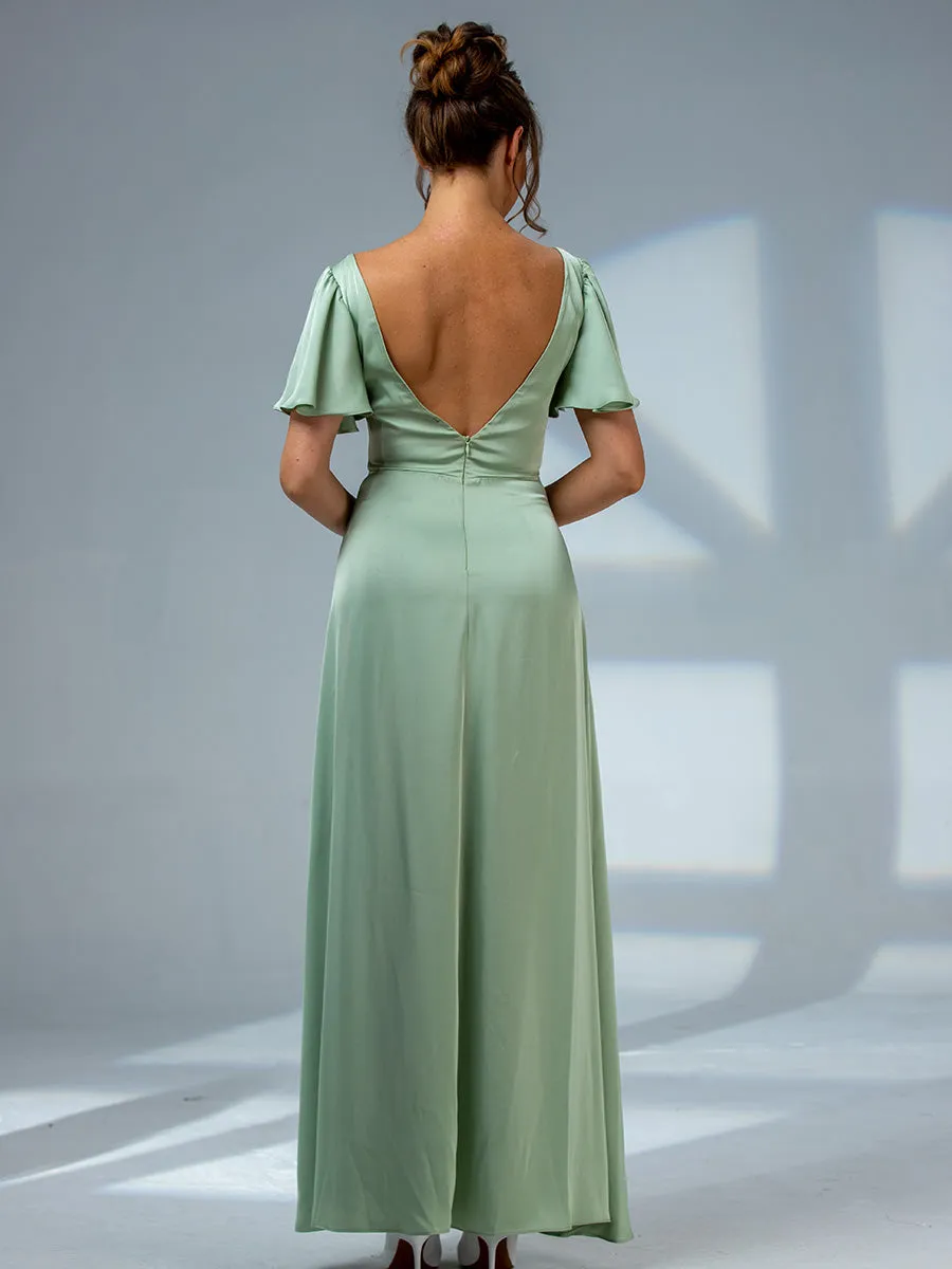 2025 Agave Green Bridesmaid Dresses V-neck Flutter Sleeve
