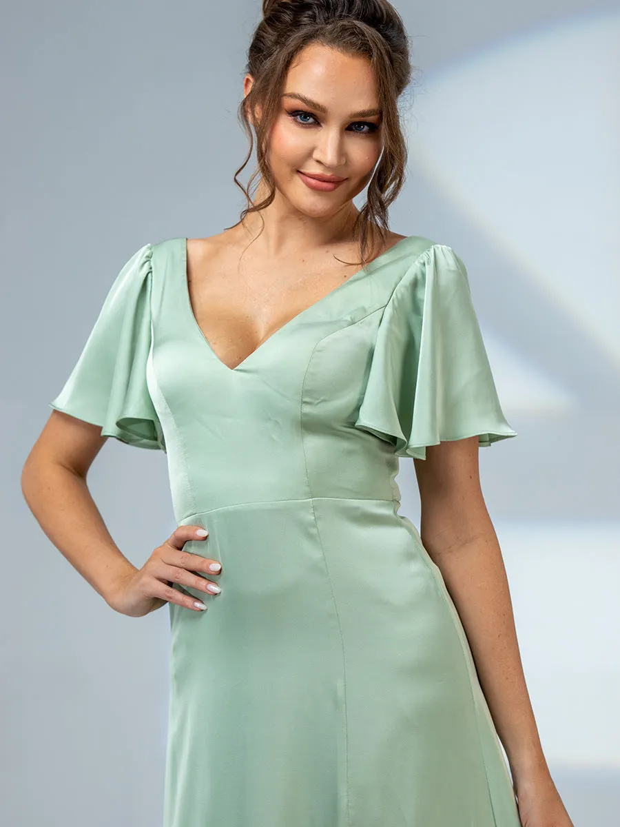 2025 Agave Green Bridesmaid Dresses V-neck Flutter Sleeve
