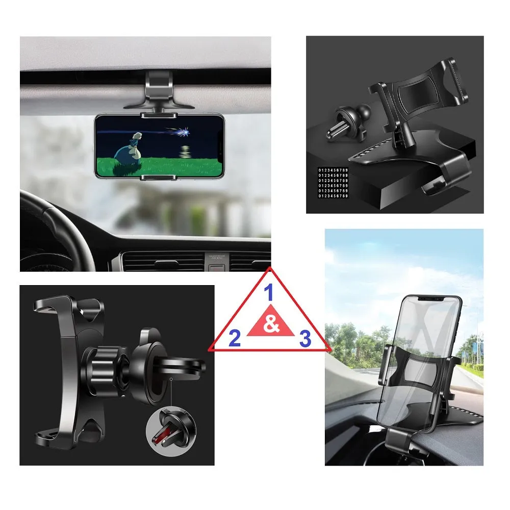 3 in 1 Car GPS Smartphone Holder: Dashboard / Visor Clamp   AC Grid Clip for Sharp Aquos S3 mini - Black