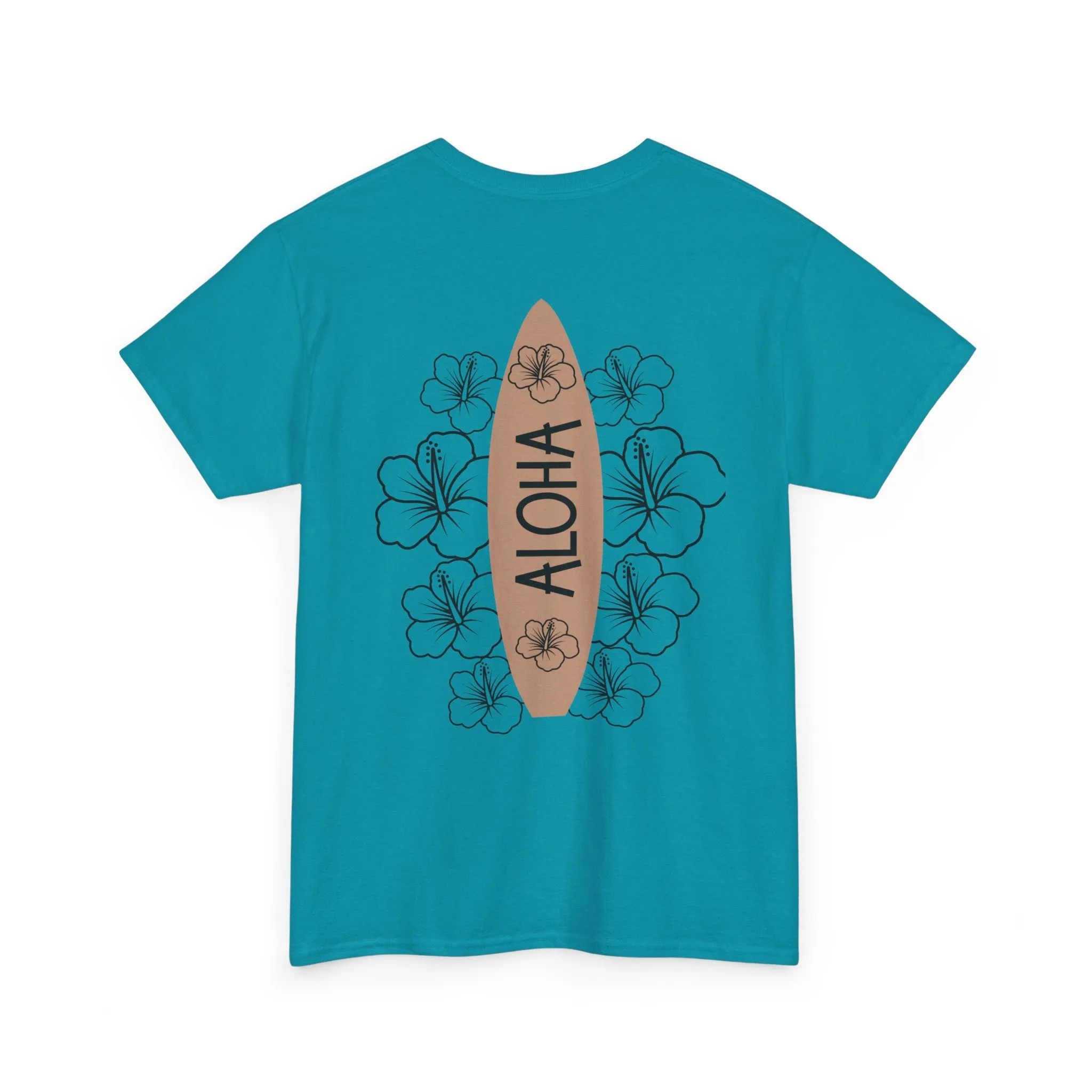 Aloha Surfboard Tee – Boho Beach Shirt with Hibiscus Art