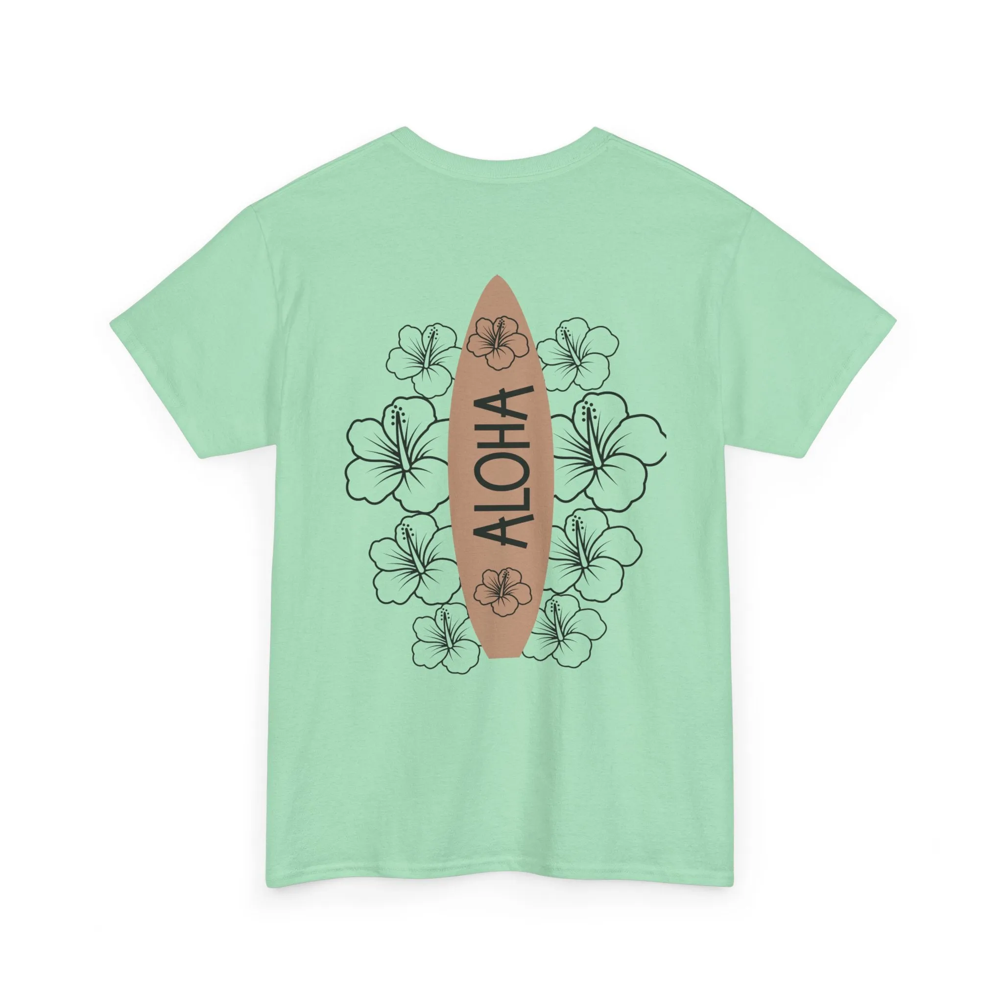 Aloha Surfboard Tee – Boho Beach Shirt with Hibiscus Art
