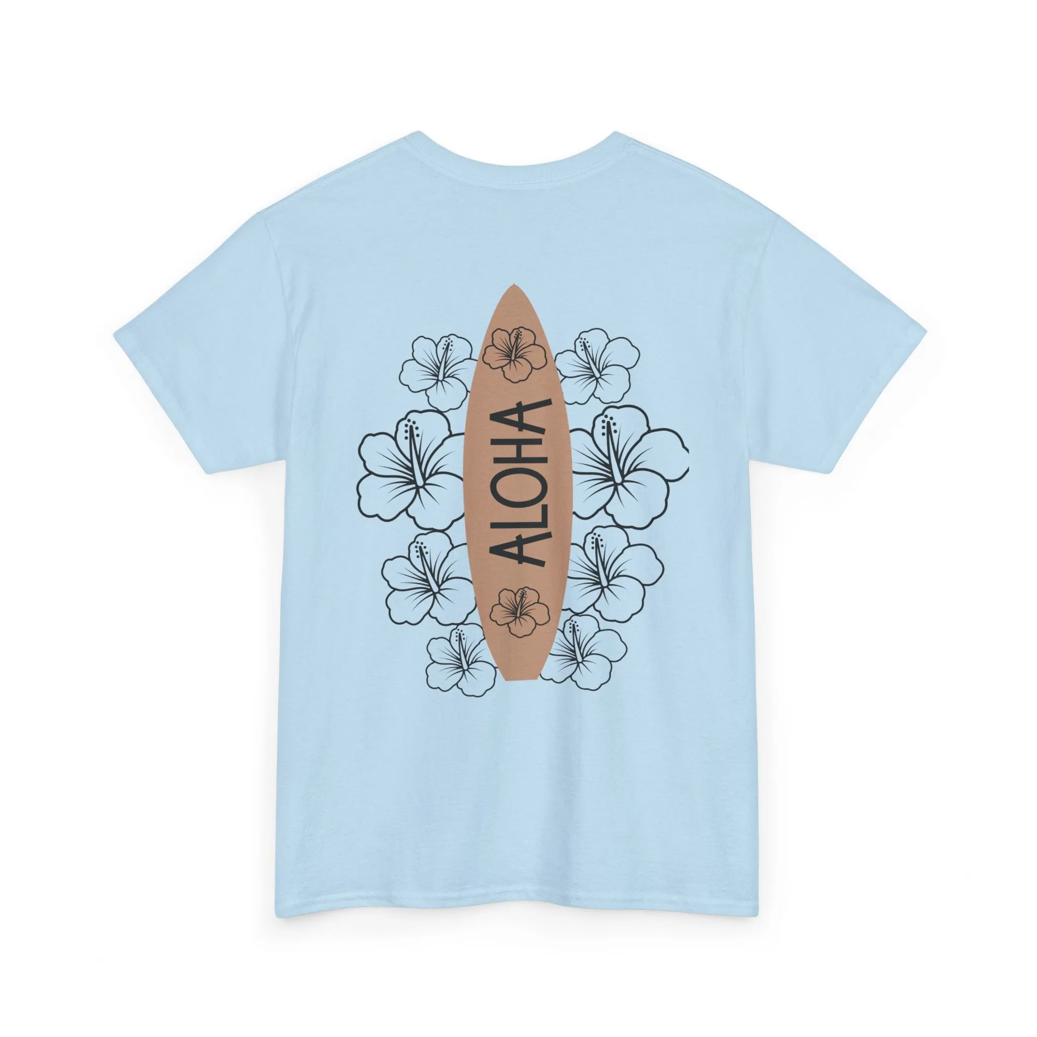 Aloha Surfboard Tee – Boho Beach Shirt with Hibiscus Art