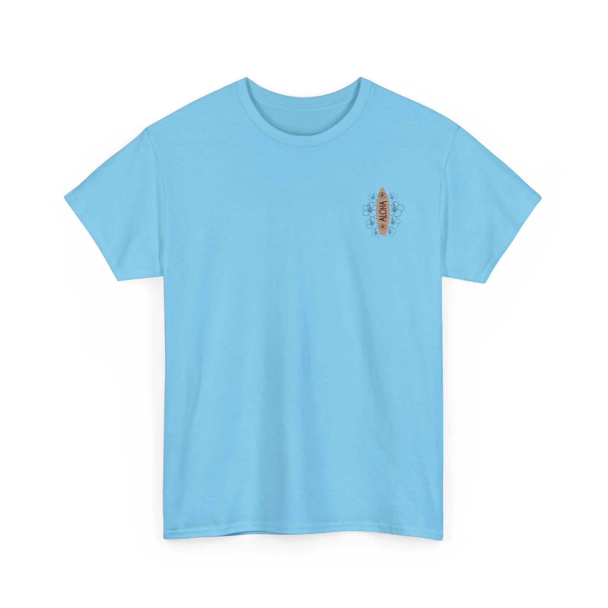 Aloha Surfboard Tee – Boho Beach Shirt with Hibiscus Art