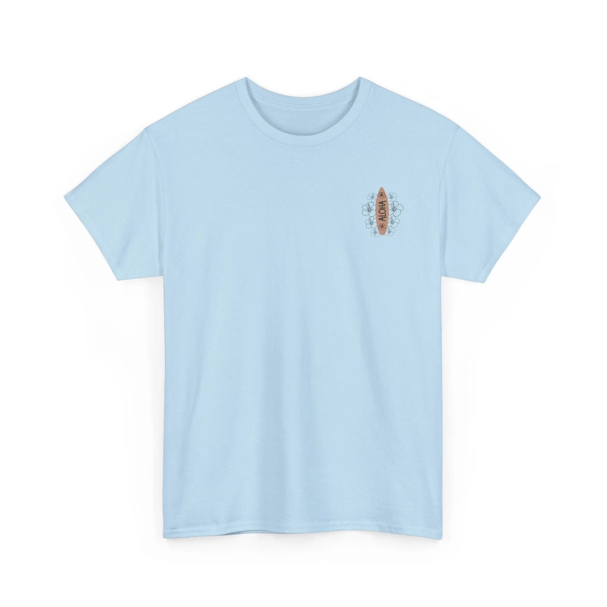 Aloha Surfboard Tee – Boho Beach Shirt with Hibiscus Art