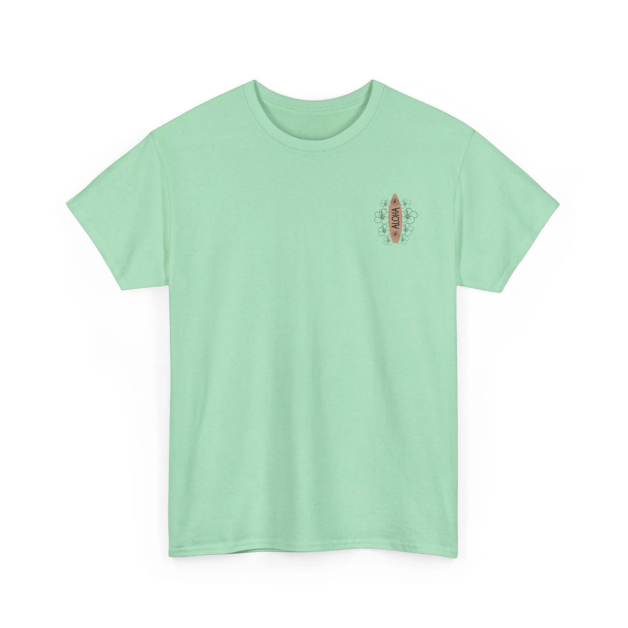 Aloha Surfboard Tee – Boho Beach Shirt with Hibiscus Art