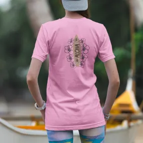 Aloha Surfboard Tee – Boho Beach Shirt with Hibiscus Art