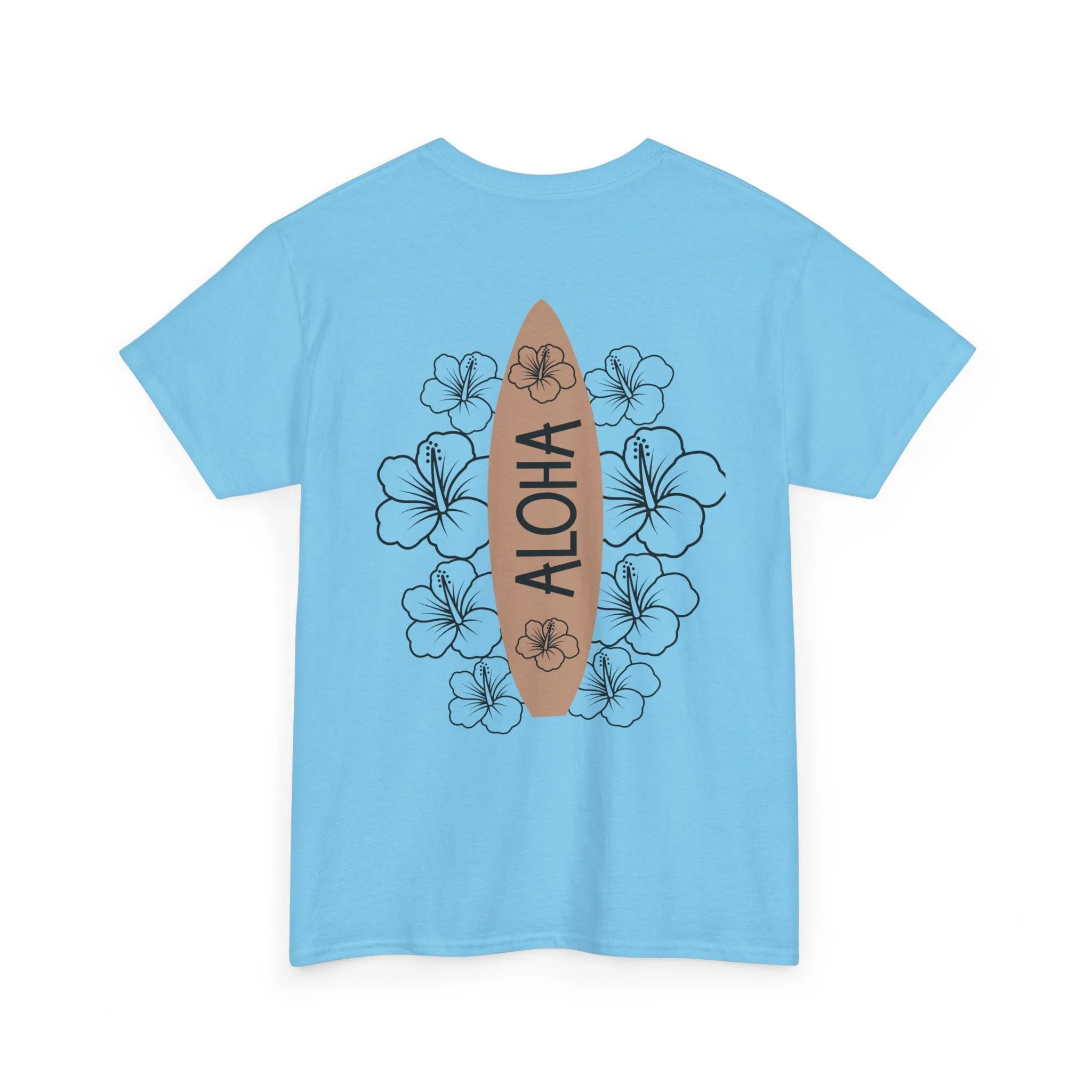 Aloha Surfboard Tee – Boho Beach Shirt with Hibiscus Art
