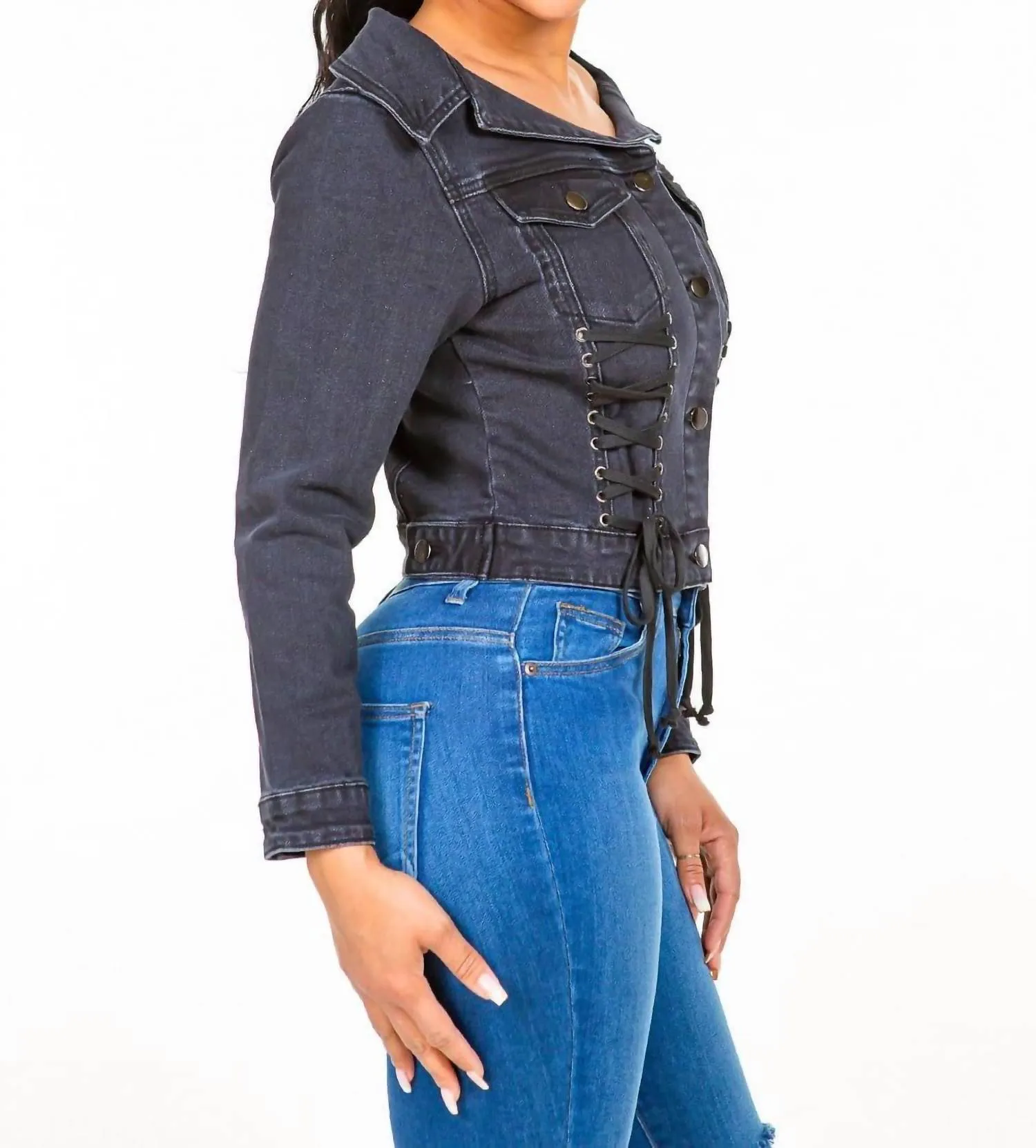 American Bazi - Chic Off Shoulder Lace Up Denim Jacket
