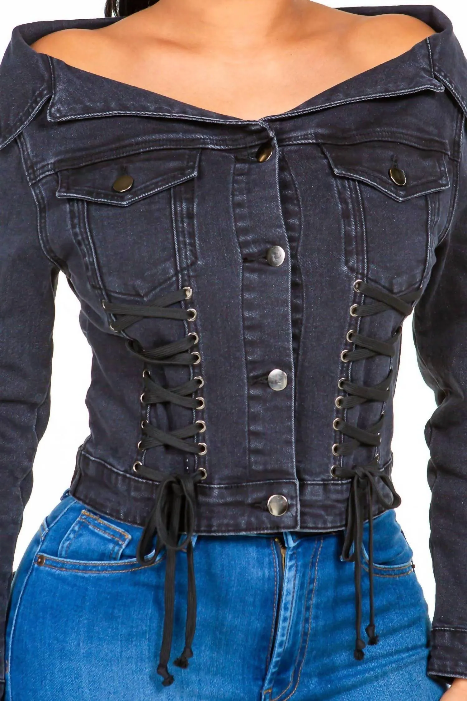 American Bazi - Chic Off Shoulder Lace Up Denim Jacket