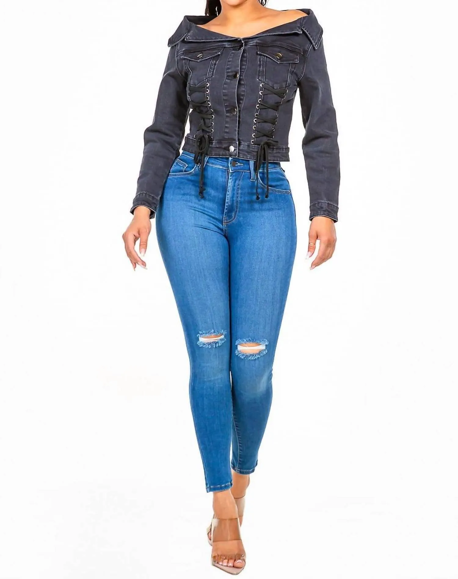 American Bazi - Chic Off Shoulder Lace Up Denim Jacket