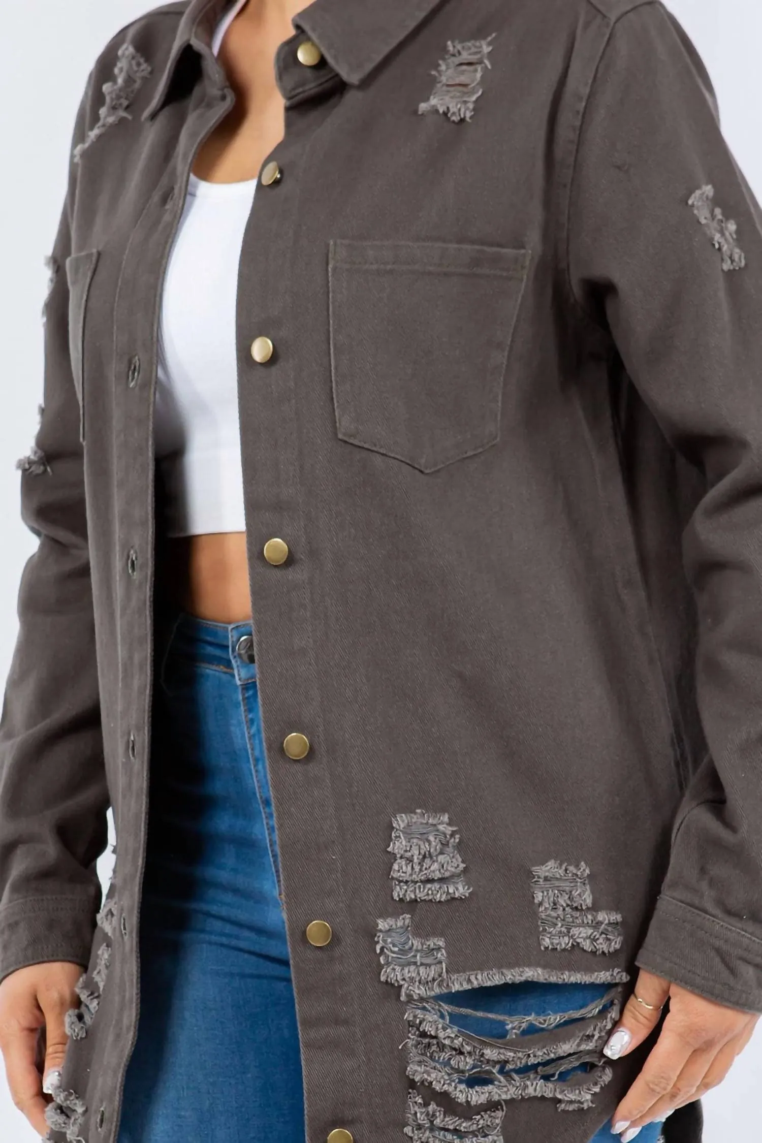 American Bazi - Distressed Button Up Long Sleeve Denim Jacket