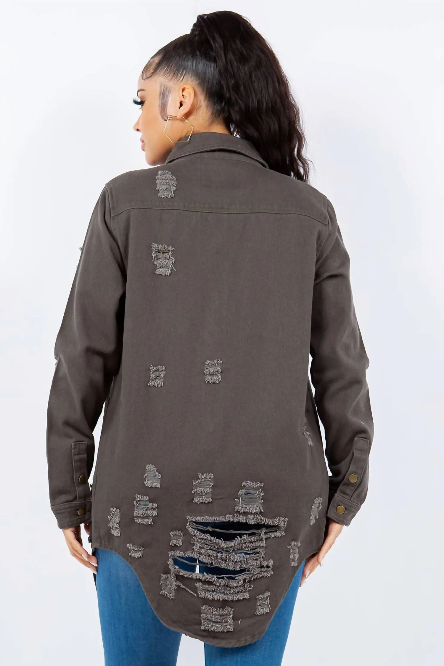 American Bazi - Distressed Button Up Long Sleeve Denim Jacket