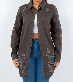 American Bazi - Distressed Button Up Long Sleeve Denim Jacket