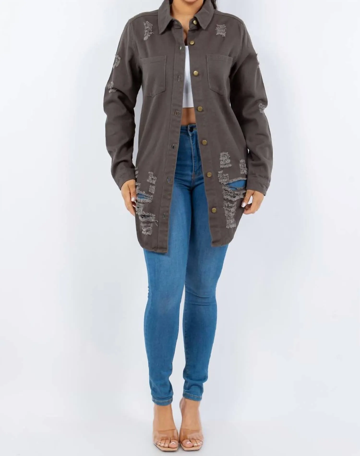 American Bazi - Distressed Button Up Long Sleeve Denim Jacket
