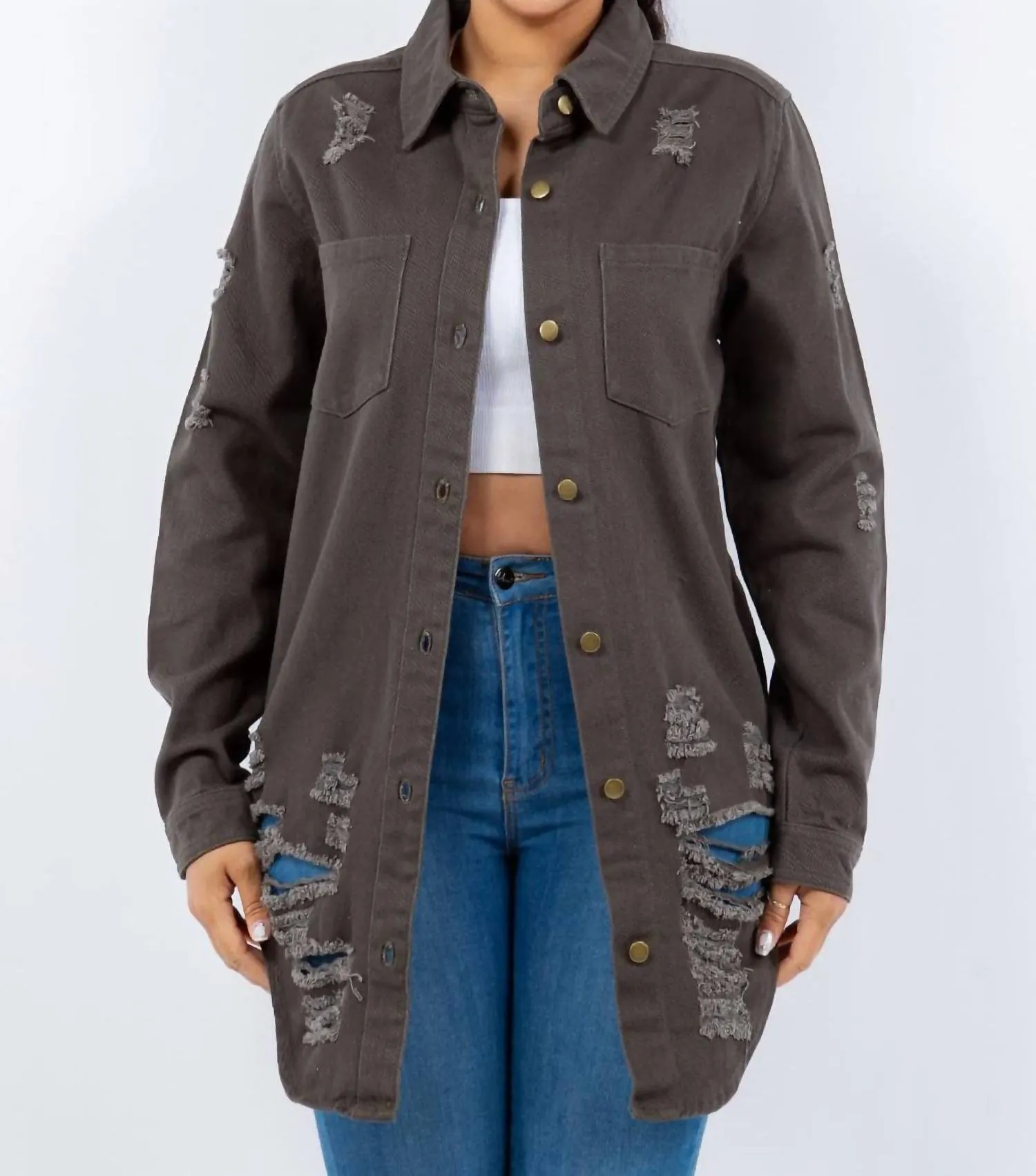 American Bazi - Distressed Button Up Long Sleeve Denim Jacket