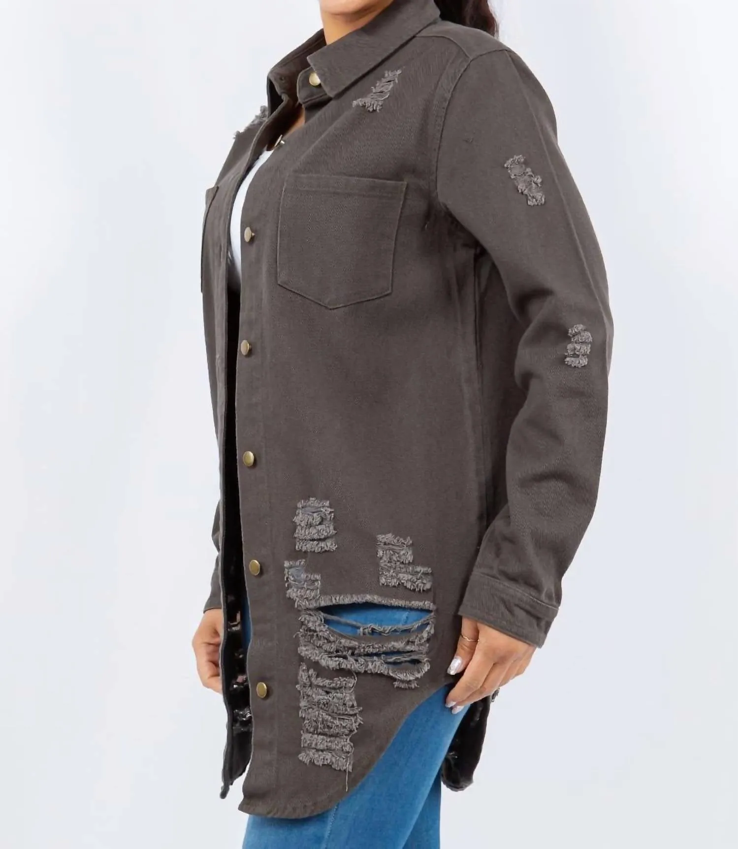American Bazi - Distressed Button Up Long Sleeve Denim Jacket