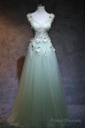 Beautiful Light Green Tulle Long Party Dress, A-Line Floor Length Prom Dress