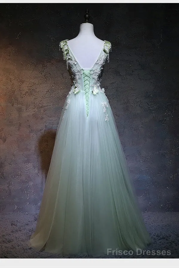 Beautiful Light Green Tulle Long Party Dress, A-Line Floor Length Prom Dress