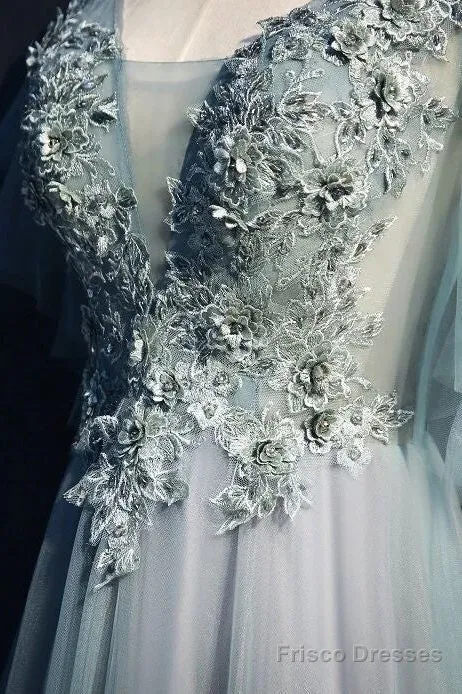Beautiful Light Green Tulle Long Party Dress, Green Lace Low Back Prom Dress Evening Dress
