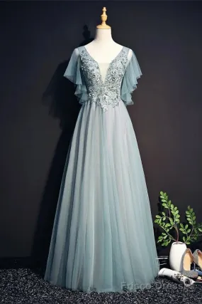 Beautiful Light Green Tulle Long Party Dress, Green Lace Low Back Prom Dress Evening Dress