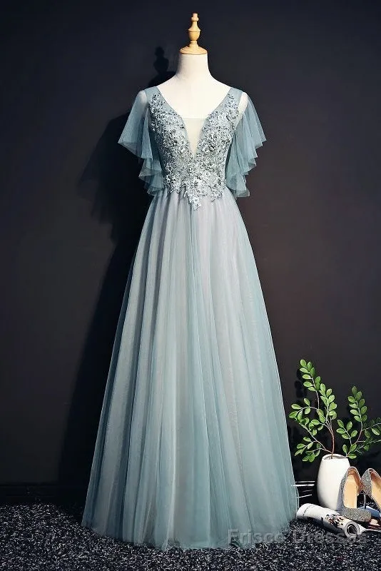 Beautiful Light Green Tulle Long Party Dress, Green Lace Low Back Prom Dress Evening Dress