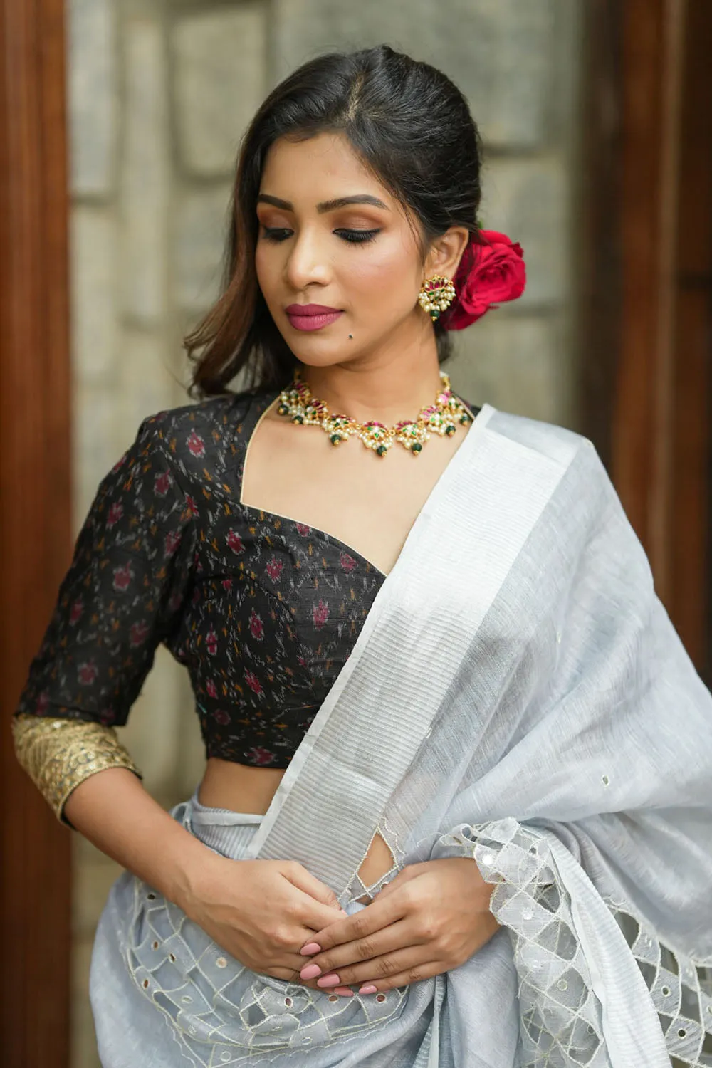 Black Pure Raw Silk Ikkat Weave blouse with Sweetheart neck,3/4 sleeves and gotta detailing, Made to Order