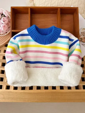 Colorful Stripes Girls Fleece Lined Warm Comfy Crew-Neck Knit Sweater Pullover, Girls Knitwear For Winter/ Fall, 1 Pc