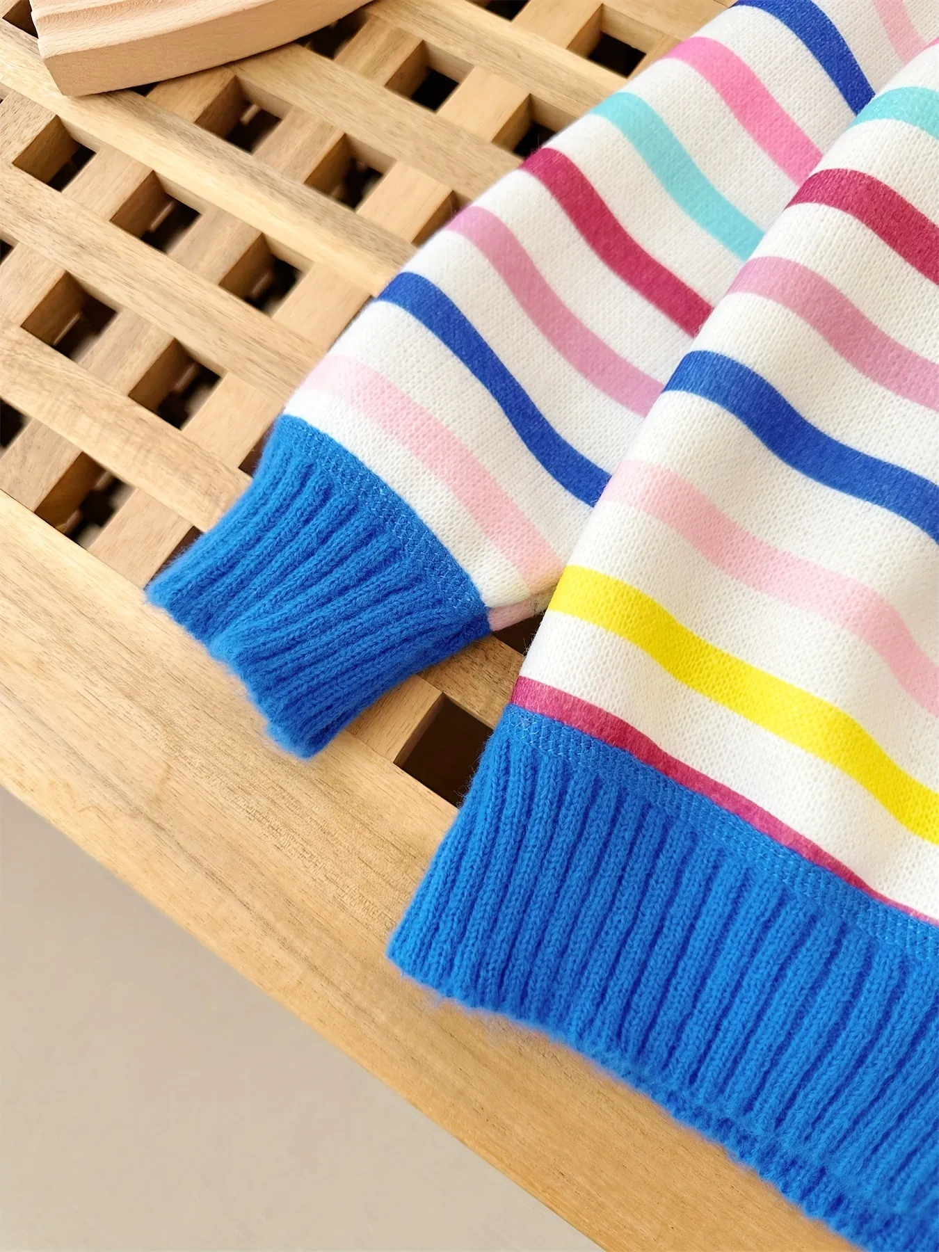 Colorful Stripes Girls Fleece Lined Warm Comfy Crew-Neck Knit Sweater Pullover, Girls Knitwear For Winter/ Fall, 1 Pc