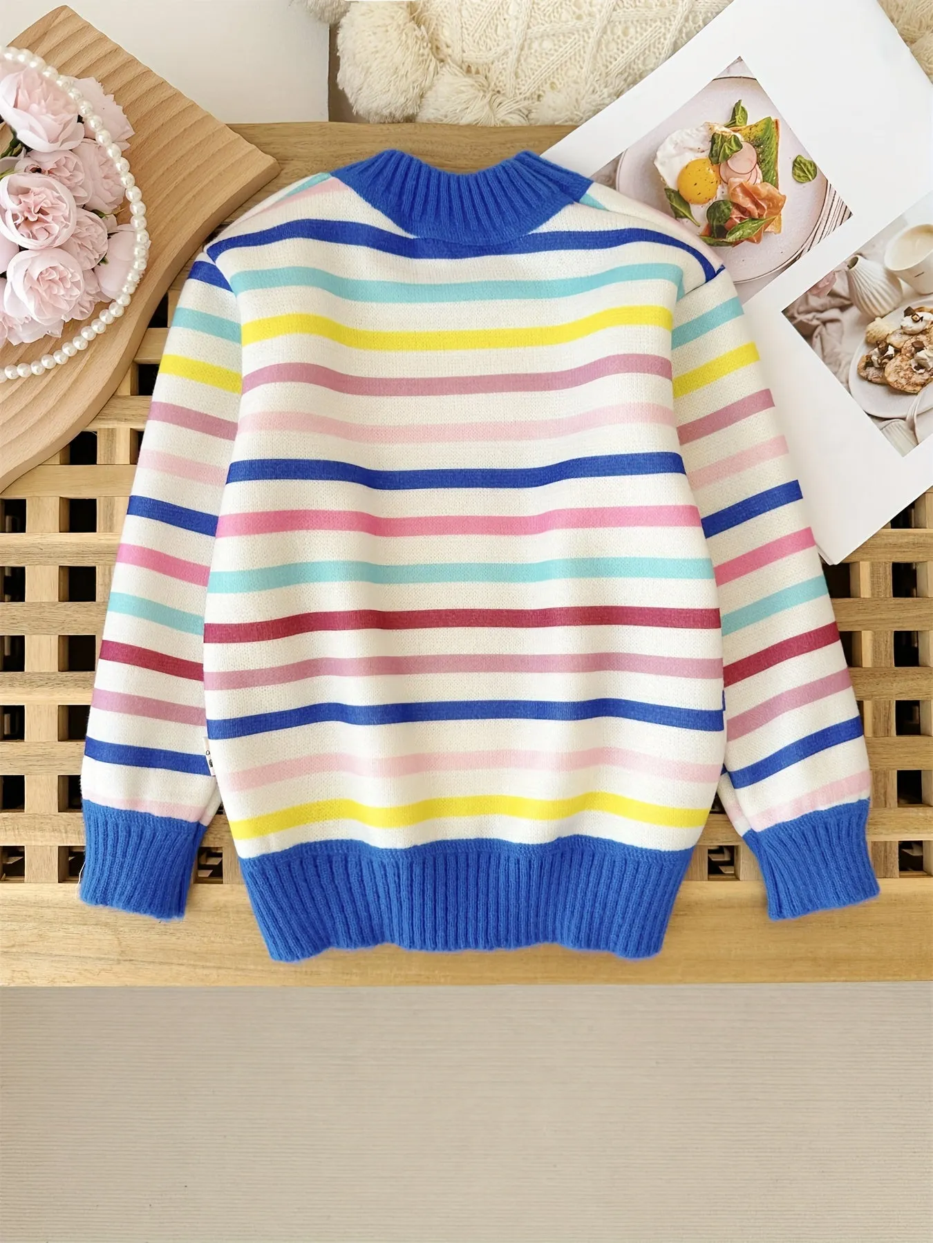 Colorful Stripes Girls Fleece Lined Warm Comfy Crew-Neck Knit Sweater Pullover, Girls Knitwear For Winter/ Fall, 1 Pc