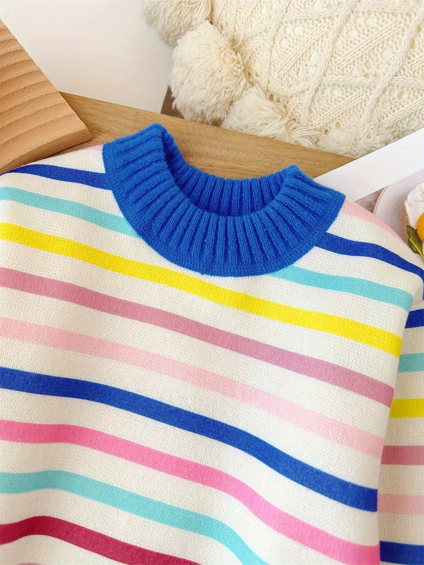 Colorful Stripes Girls Fleece Lined Warm Comfy Crew-Neck Knit Sweater Pullover, Girls Knitwear For Winter/ Fall, 1 Pc