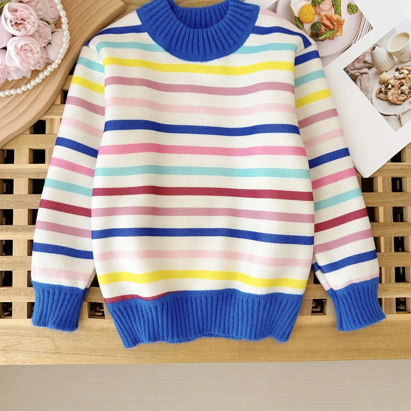 Colorful Stripes Girls Fleece Lined Warm Comfy Crew-Neck Knit Sweater Pullover, Girls Knitwear For Winter/ Fall, 1 Pc
