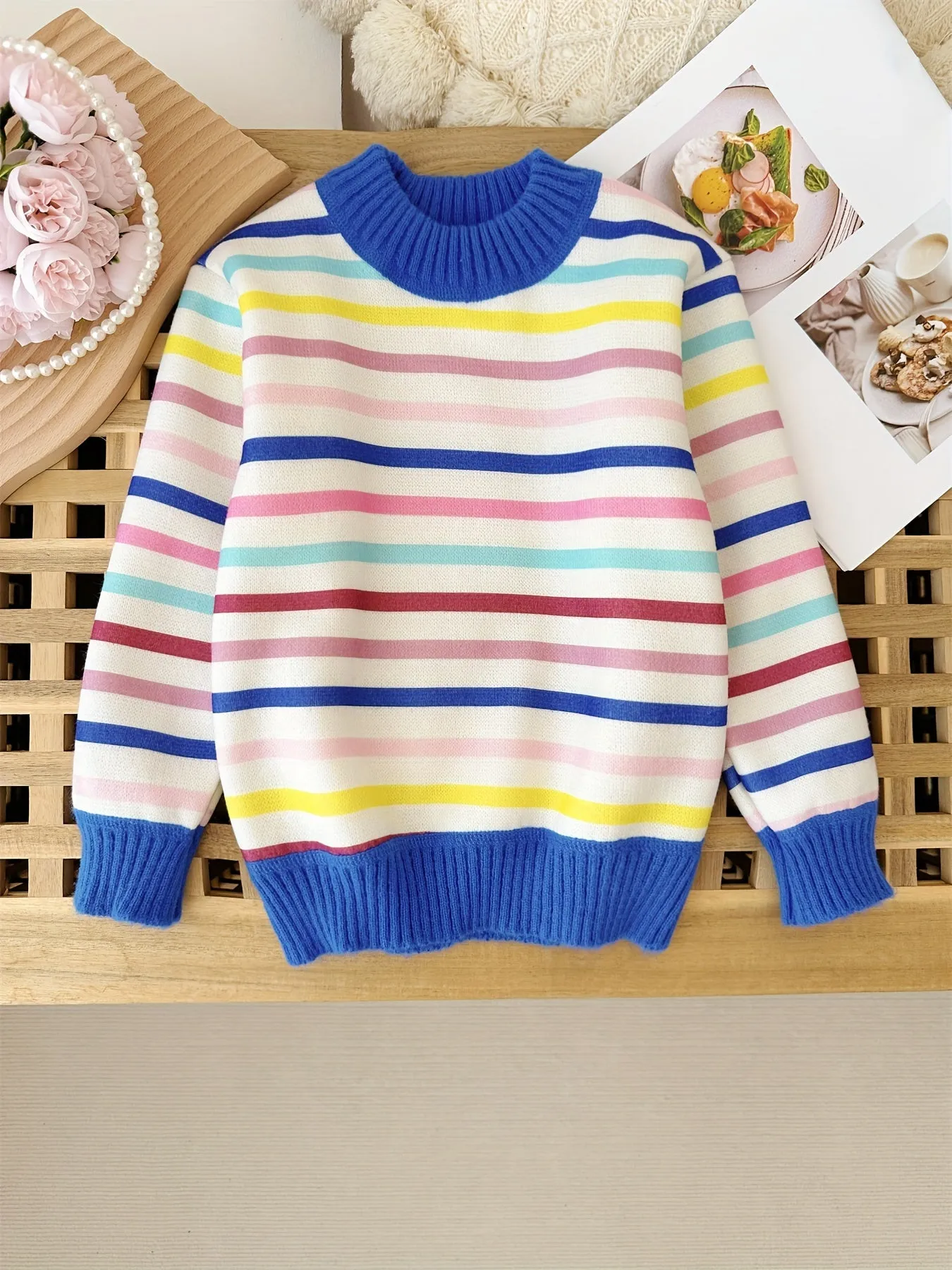 Colorful Stripes Girls Fleece Lined Warm Comfy Crew-Neck Knit Sweater Pullover, Girls Knitwear For Winter/ Fall, 1 Pc
