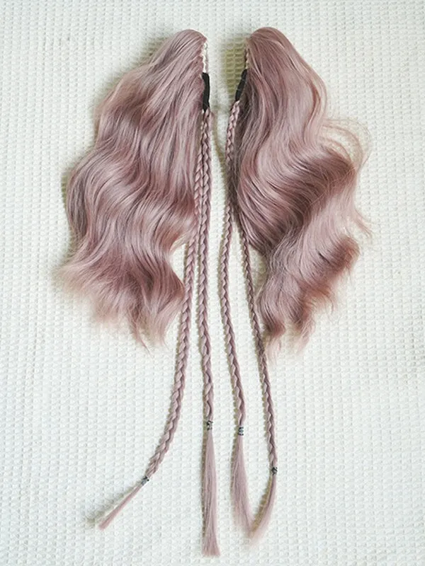 Dusty Pink Bob Cut Short Wig With Bangs＋Double Wavy Ponytail Claw Clips