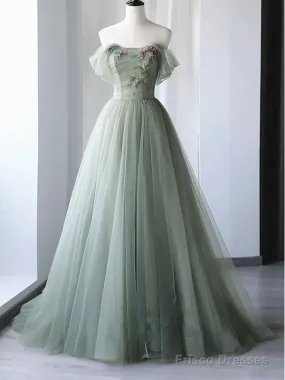 Elegant Light Green A-Line Tulle Off The Shoulder Long Prom Dress Evening Dress,