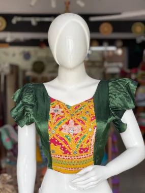 Green butterfly sleeves mashru blouse with hand embroidery on front and back