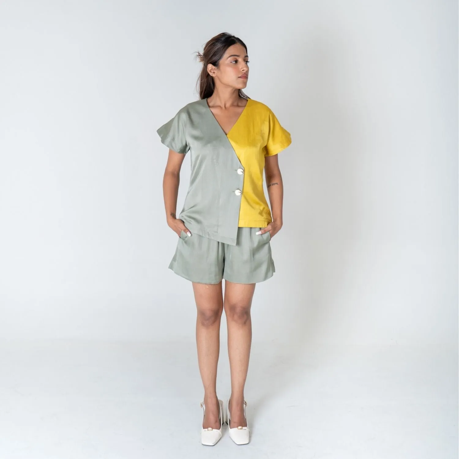 Green-Yellow Color-Blocked Short Co-ord Set | Modal | Effortless Style