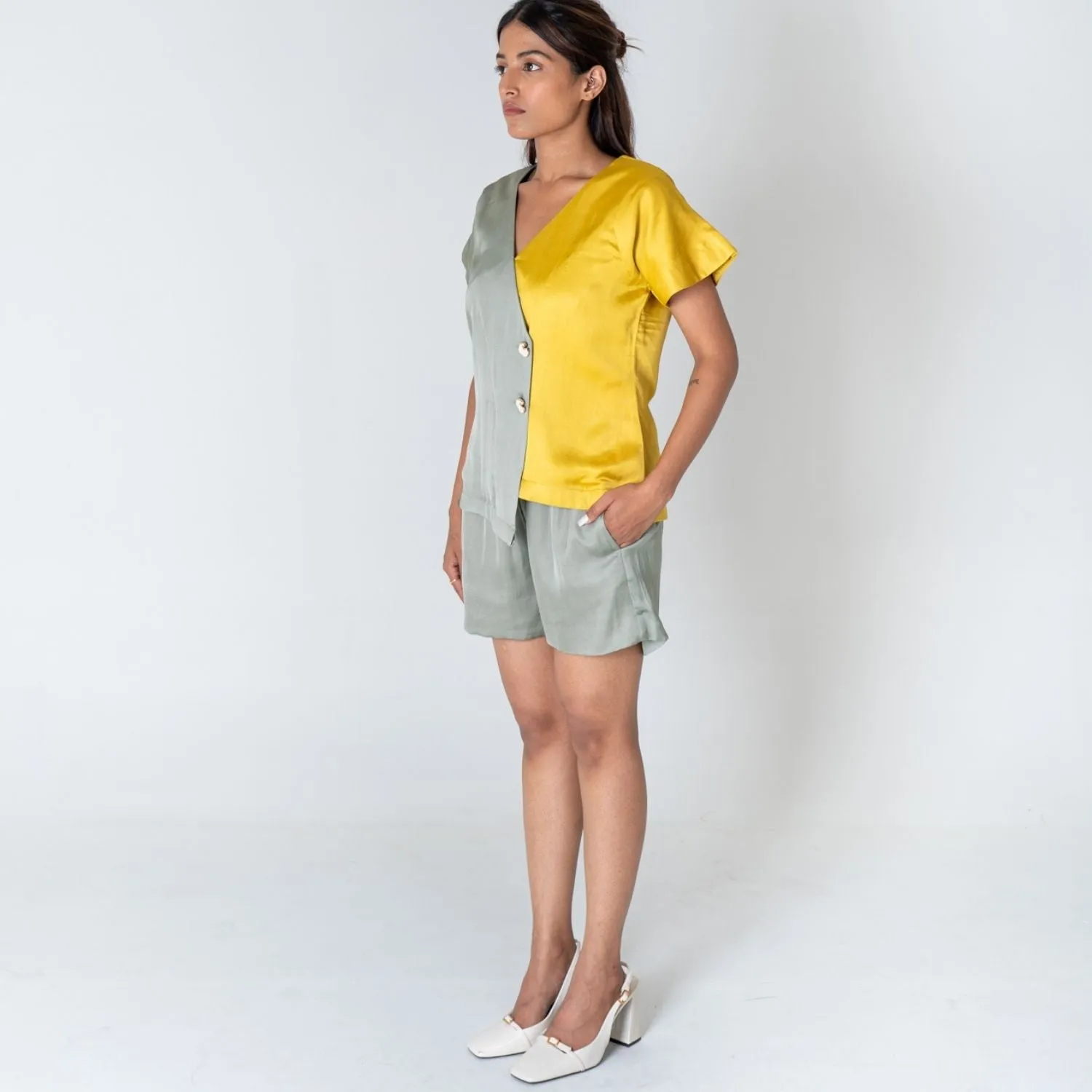 Green-Yellow Color-Blocked Short Co-ord Set | Modal | Effortless Style