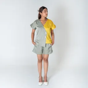 Green-Yellow Color-Blocked Short Co-ord Set | Modal | Effortless Style
