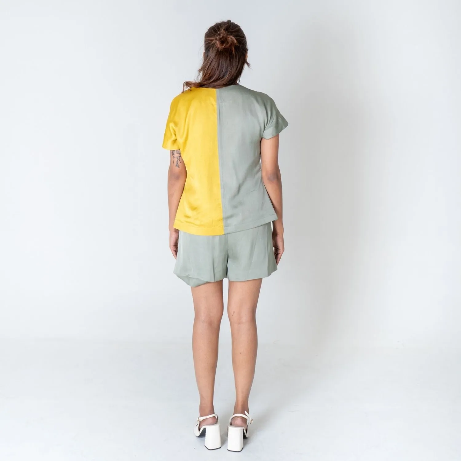 Green-Yellow Color-Blocked Short Co-ord Set | Modal | Effortless Style