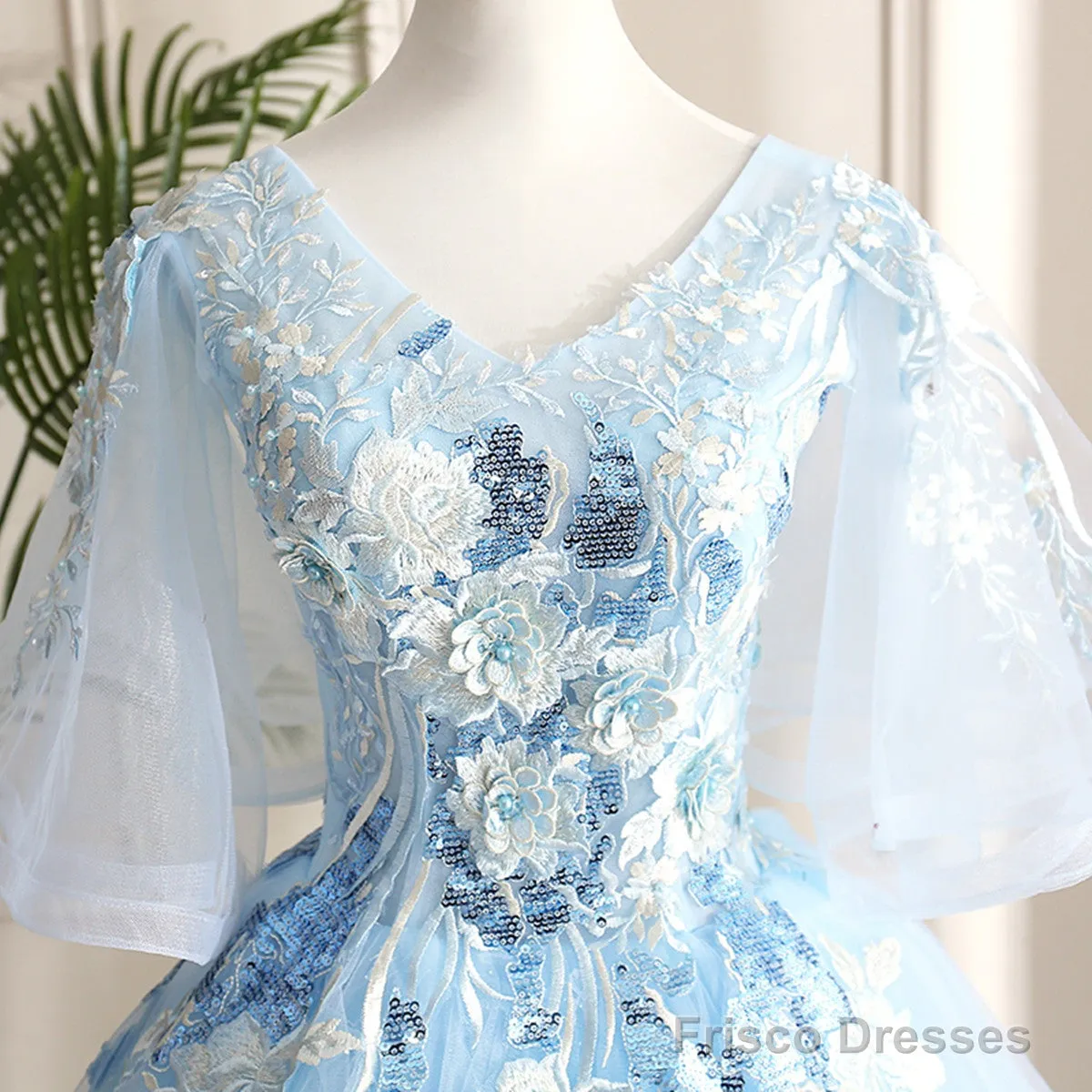 Light Blue Ball Gown V-Neckline Puffy Sleeves Party Dress, Light Blue Prom Dress