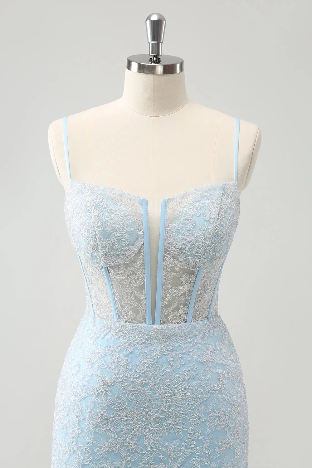 Light Blue Corset Spaghetti Straps Short Tight Homecoming Dresses with Lace Up Back Sexy Party Dress