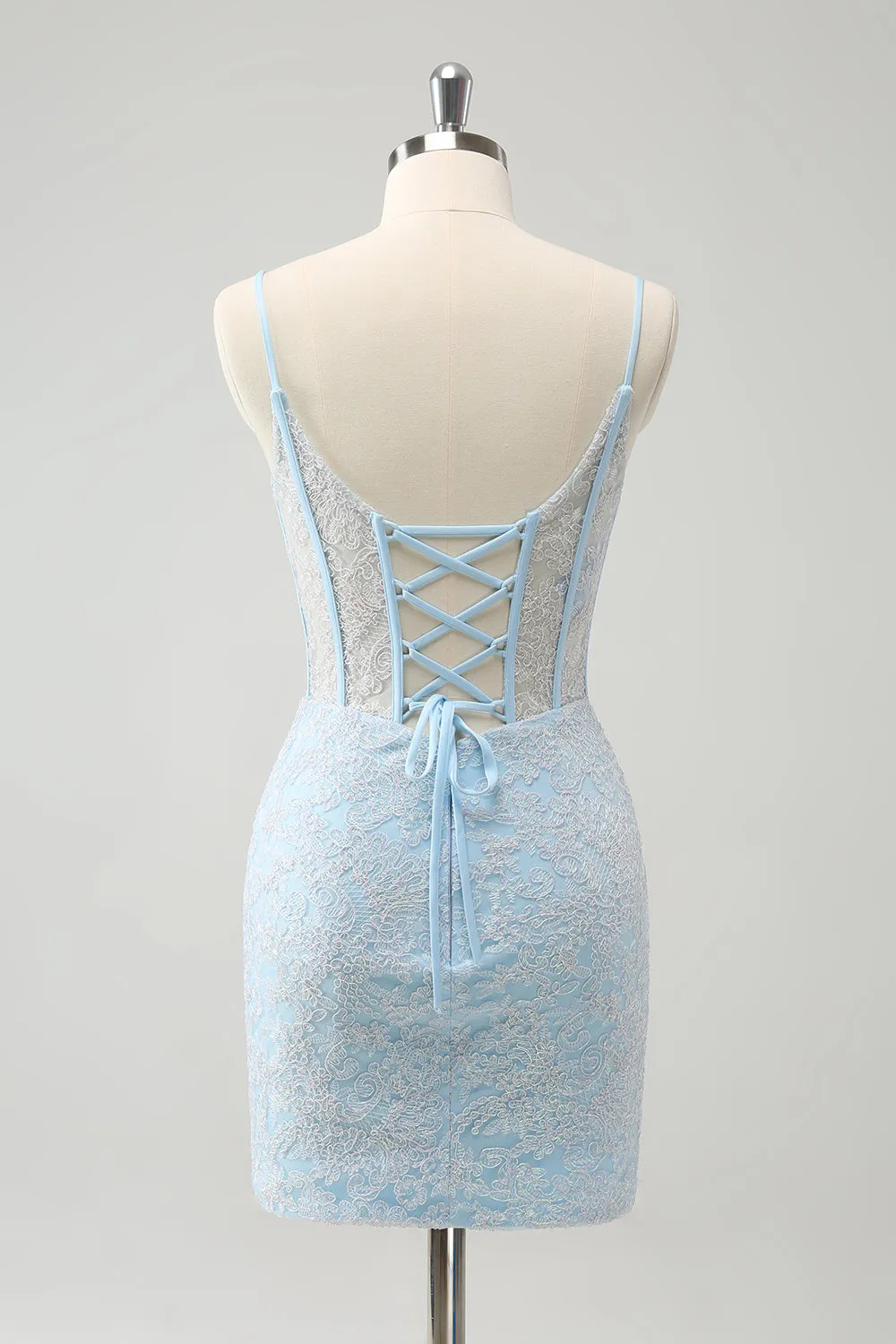 Light Blue Corset Spaghetti Straps Short Tight Homecoming Dresses with Lace Up Back Sexy Party Dress