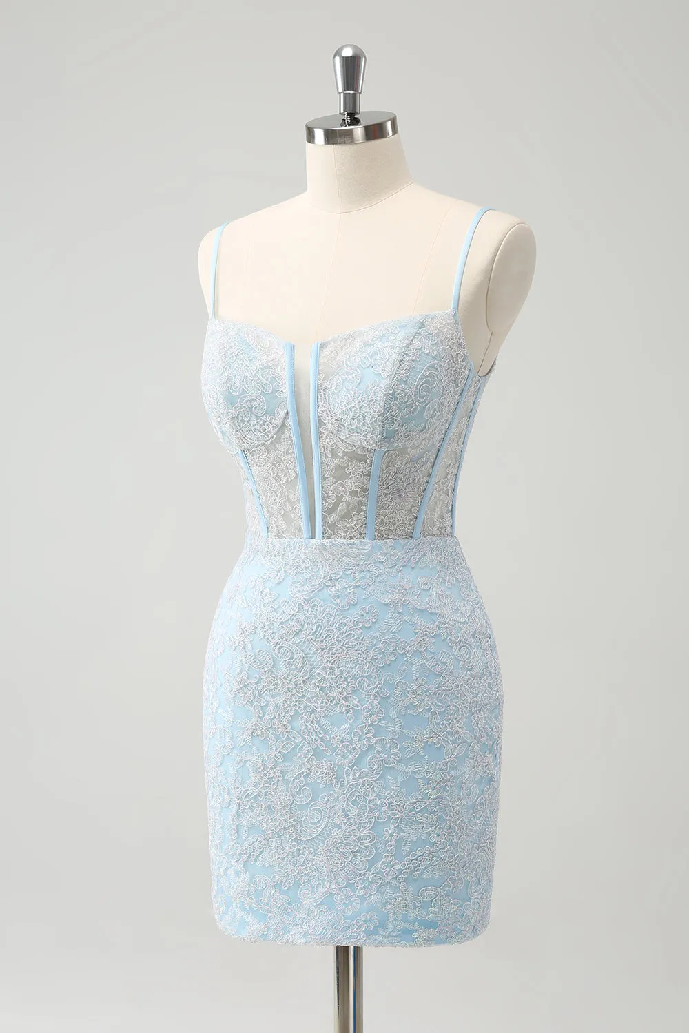 Light Blue Corset Spaghetti Straps Short Tight Homecoming Dresses with Lace Up Back Sexy Party Dress