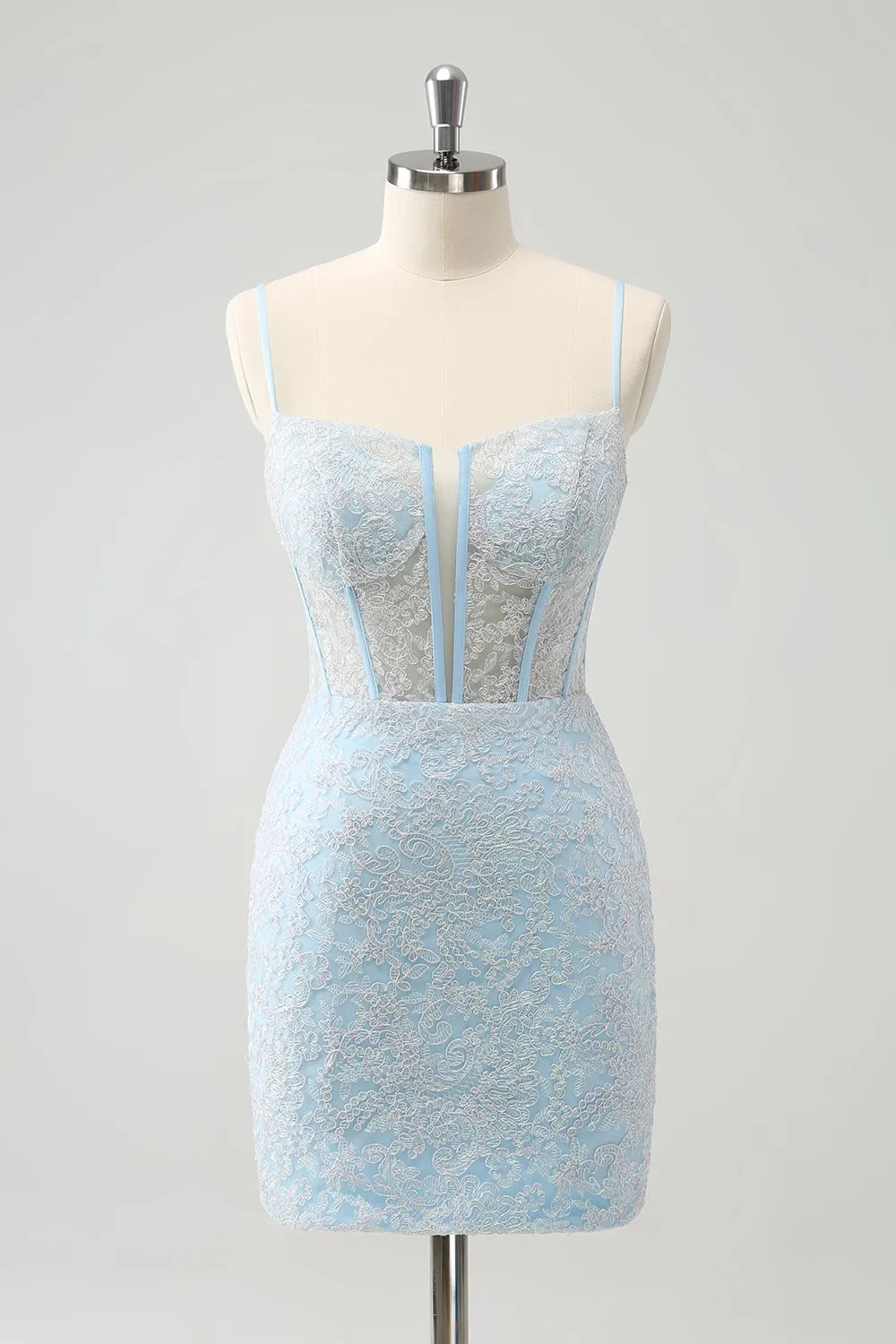 Light Blue Corset Spaghetti Straps Short Tight Homecoming Dresses with Lace Up Back Sexy Party Dress