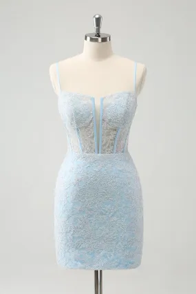 Light Blue Corset Spaghetti Straps Short Tight Homecoming Dresses with Lace Up Back Sexy Party Dress