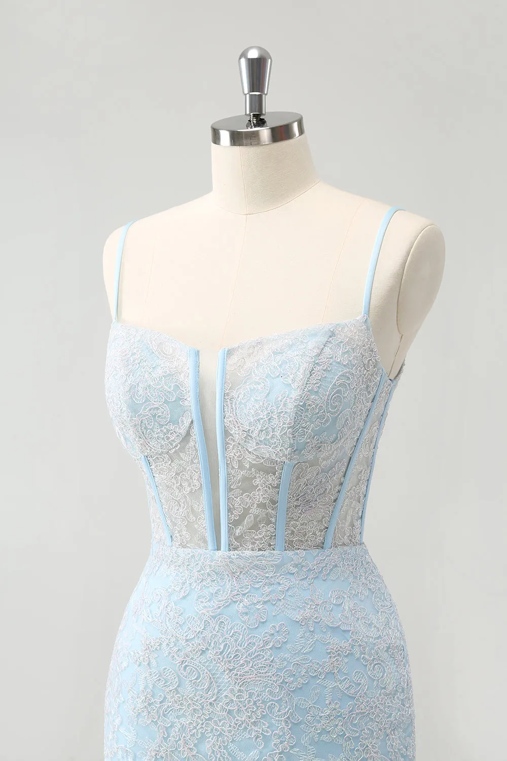 Light Blue Corset Spaghetti Straps Short Tight Homecoming Dresses with Lace Up Back Sexy Party Dress