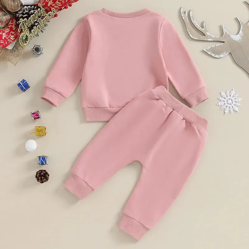 Long Sleeved Sweatshirt and Sweatpants Set - Pink Santa Two Piece Outfit