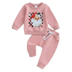 Long Sleeved Sweatshirt and Sweatpants Set - Pink Santa Two Piece Outfit