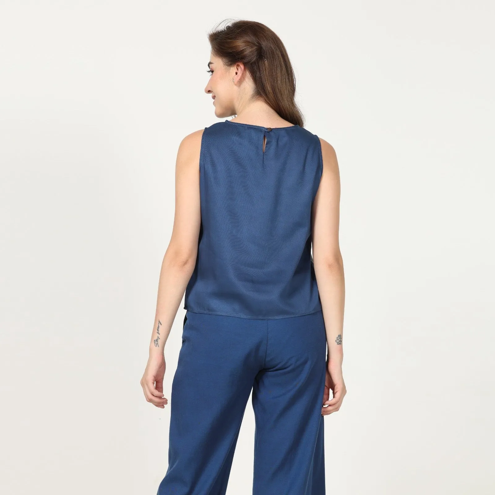 Navy Blue Color Block Top for Women  In Lenzing Modal | Effortless Style